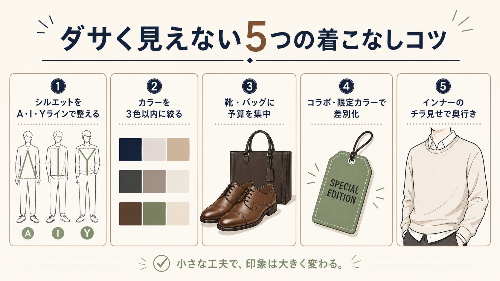 ダサく見えない5つの着こなしコツ（インフォグラフィック）