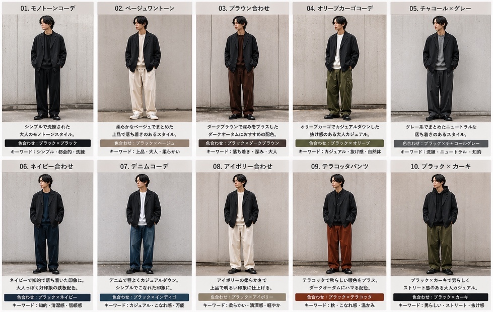 ユニクロU リラックスフィットジャケットを使った10通りのコーディネート例（モノトーン・ベージュ・ブラウン・オリーブ・チャコール×グレー・ネイビー・デニム・アイボリー・テラコッタ・カーキ）